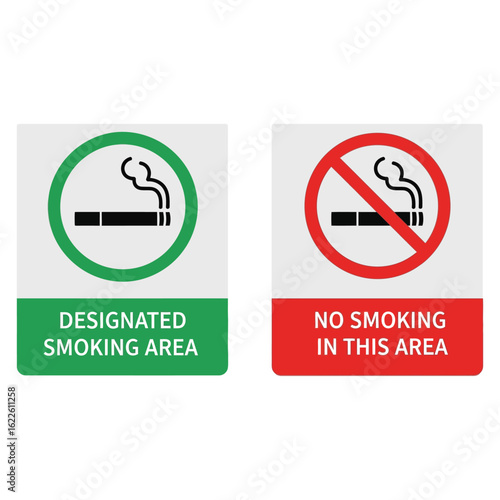 Vector art of designated smoking area and no smoking in this area sign isolated on white background, cigarette and smoke symbol, public health policy