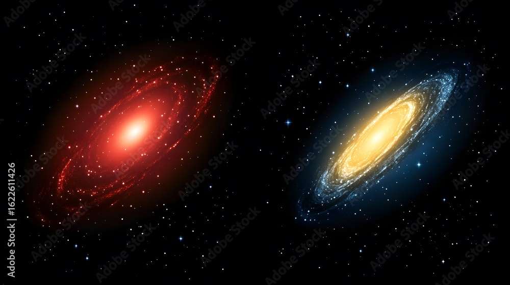 Naklejka premium Stunning Red and Blue Spiral Galaxies in Space