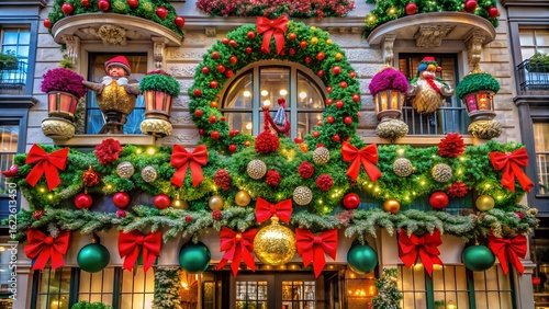 Wallpaper Mural A beautifully decorated building facade with a large christmas wreath, garlands, bows, ornaments, and lights, creating a festive and inviting holiday atmosphere Torontodigital.ca