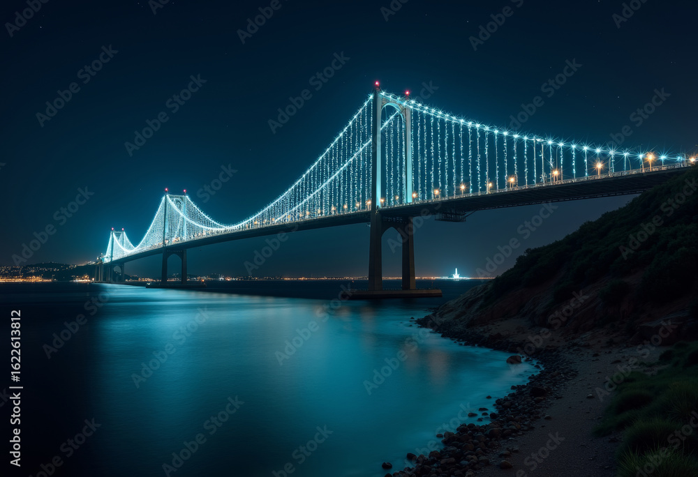 Fototapeta premium A long-exposure drone shot of a massive suspension bridge at night.