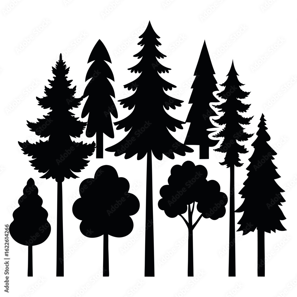 Obraz premium Group of nine mixed forest tree silhouettes isolated on white background