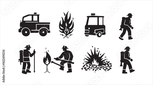 A collection of black firefighter icons in vector format on a white background

