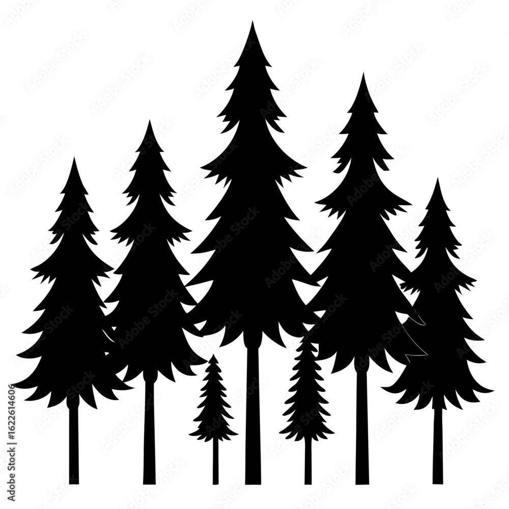 Obraz premium Collection of 8 black conifer tree silhouettes isolated on white background