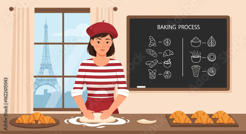 Woman Baker Preparing Dough In Paris Home With Baking Blackboard