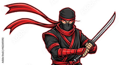 A fierce ninja warrior character in black and red uniform, wielding a katana sword with glowing red eyes.