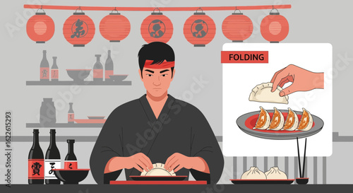 Chef Preparing Dumplings At Restaurant With Illustration Of Folding Process