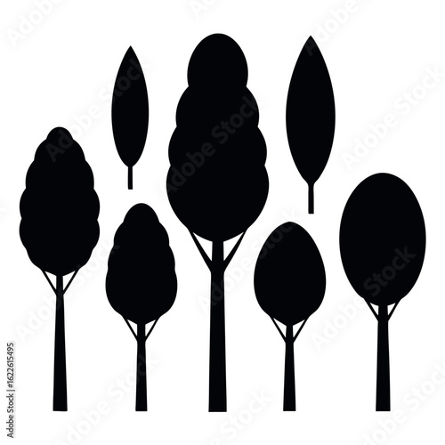 Set of 6 poplar tree silhouettes isolated on white background