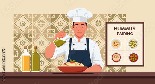 Chef Preparing Hummus Pairing With Olive Oil Illustration