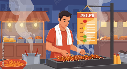 Man Cooking Skewers At Asian Street Food Stall With Spice Indicator