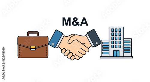 Illustration depicting a successful merger and acquisition deal with a handshake between a business briefcase and a corporate building, symbolizing agreement.