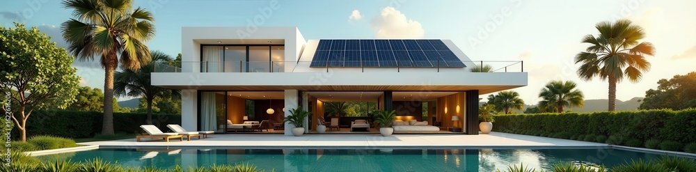 Fototapeta premium Contemporary villa, integrated solar panels Clean lines, sunny facade , sun, architecture, estate