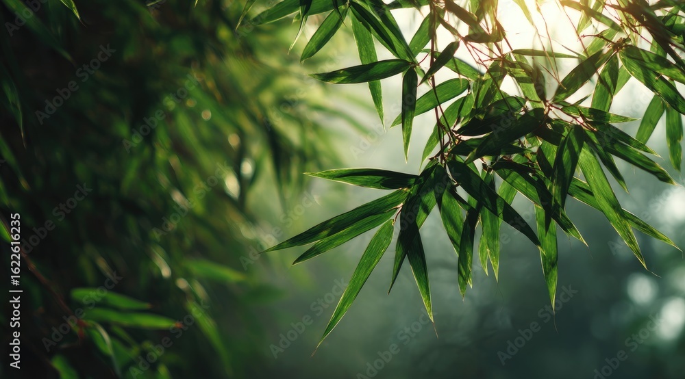 Fototapeta premium Lush bamboo leaves bathed in morning sunlight