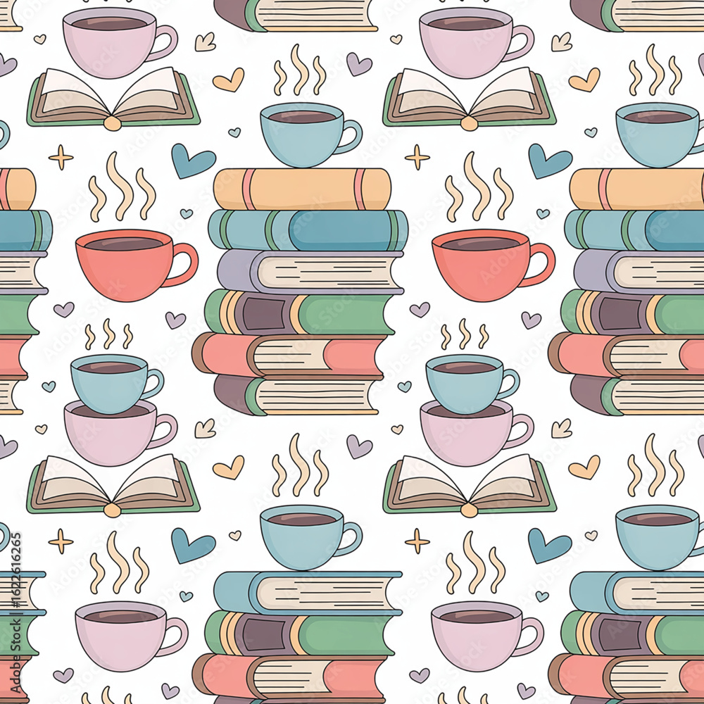 Obraz premium Books and Coffee Seamless Pattern 