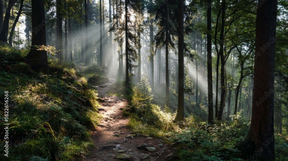 Obraz premium Serene Forest Trail with Sunlight Rays Filtering Through Tall Trees and Lush Greenery