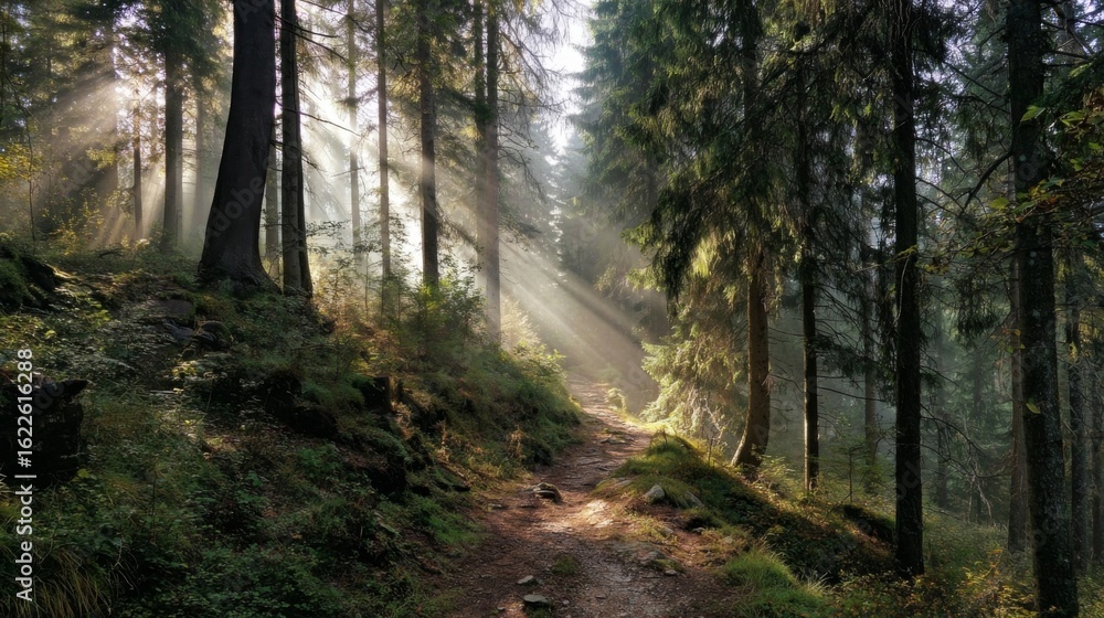 Fototapeta premium Sunlight Rays Filtering Through Trees on a Serene Forest Trail Enhancing Nature's Beauty and Peaceful Atmosphere