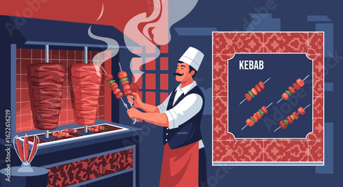 Kebab Restaurant Scene With Chef And Traditional Middle Eastern Cuisine
