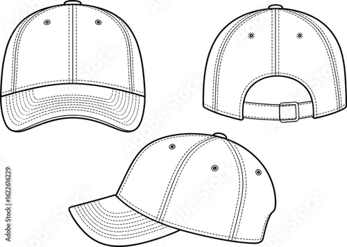 CAD drawing flat vector illustration of baseball cap, front back and side views, adjustable buckle strap, fashion design template
