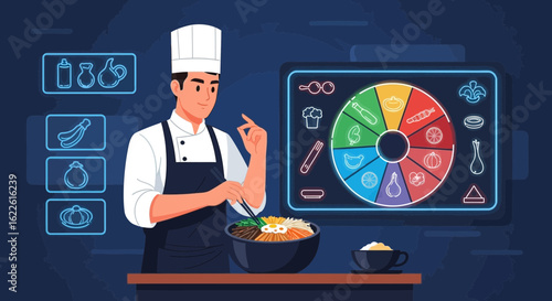 Chef Preparing Gourmet Dish Using Smart Technology Interface