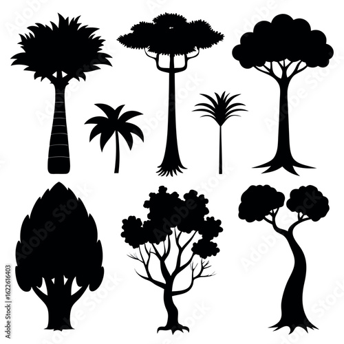 Set of 9 rainforest trees silhouette isolated on white background
