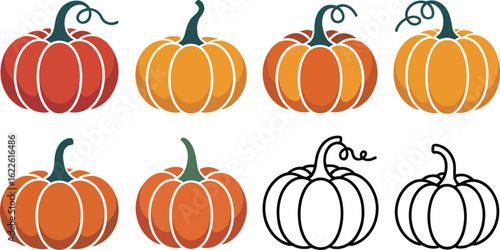 Collection of colorful cartoon pumpkins and outlines for autumn and halloween