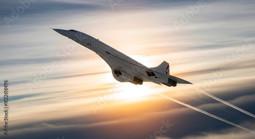 A concorde soars through the sky at sunset, leaving vapor trails