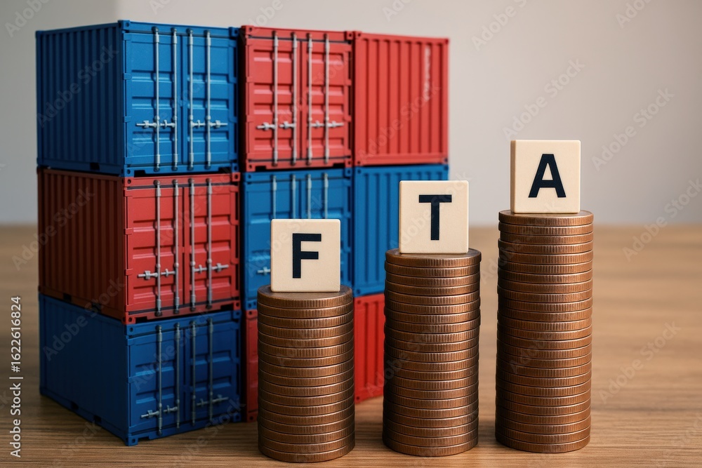 Fototapeta premium Global Trade Agreement Impacts Shipping Industry, with shipping containers and coin stacks symbolizing financial gains and economic development.