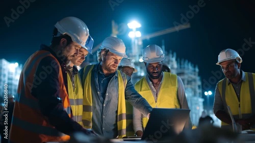 Construction crew consult planning documents during night work under safety lights showing teamwork, industry and supervisory coordination