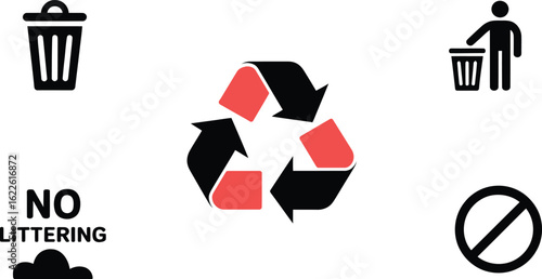 Recycling symbol with trash and no littering icons