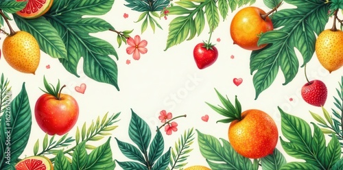 Hand-painted seamless tropical fruit pattern Romantic summer design with lush foliage , tropical, leaves