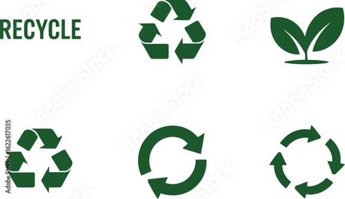 Green recycle symbols and leaves with the word recycle