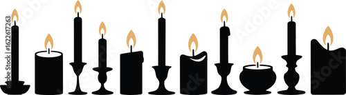 Collection of silhouette candles with flickering flames in a row
