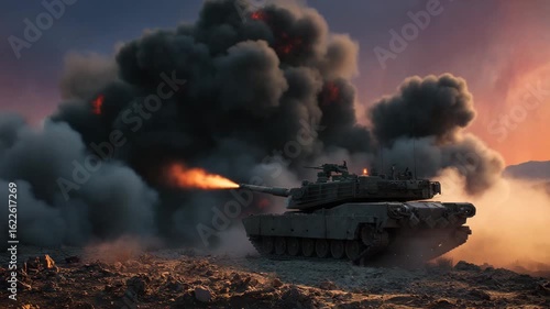 A military tank fires from smoky battlefield at sunset showing armored conflict, firepower and dramatic war scene in action