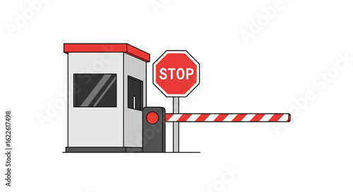An illustrated toll booth with a barrier and a stop sign, depicting a checkpoint for access control, security, and traffic regulation in a minimalist, vector style.