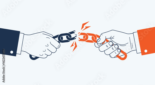 An illustration depicts two hands pulling apart a broken chain, symbolizing conflict, separation, or the severing of a connection in a business or personal context.