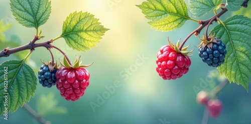 Light, translucent blackberries, delicate watercolor style, vine detail , sketch, vine