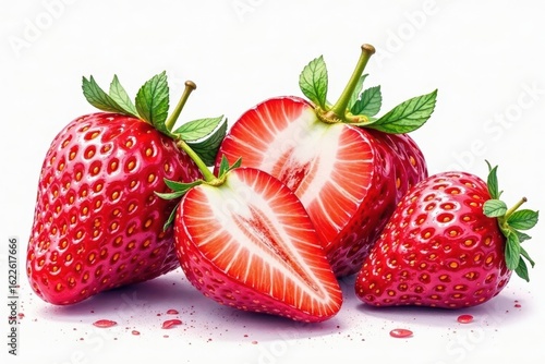 Luscious watercolor strawberries, whole & halved, vibrant hues , illustration, element