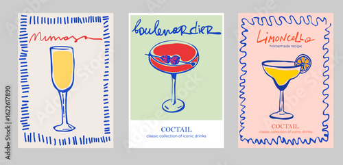 Set of Printable Cocktail Posters – Ink Style Illustrations of Classic Drinks: Daiquiri, Mojito, Mimosa, Aperol Spritz, and Boulevardier. Vintage Sketch with Typography for Party Decor, Labels, Covers