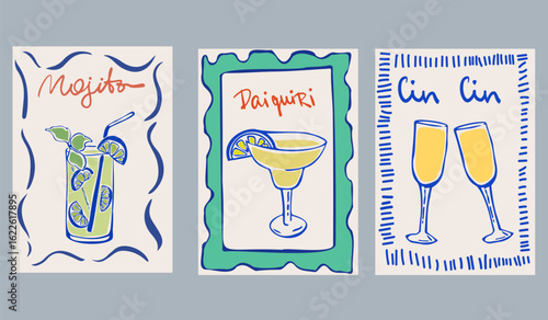 Set of Printable Cocktail Posters – Ink Style Illustrations of Classic Drinks: Daiquiri, Mojito, Mimosa, Aperol Spritz, and Boulevardier. Vintage Sketch with Typography for Party Decor, Labels, Covers