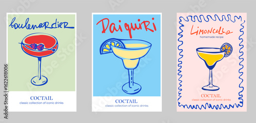 Set of Printable Cocktail Posters – Ink Style Illustrations of Classic Drinks: Daiquiri, Mojito, Mimosa, Aperol Spritz, and Boulevardier. Vintage Sketch with Typography for Party Decor, Labels, Covers