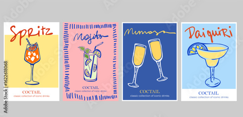 Set of Printable Cocktail Posters – Ink Style Illustrations of Classic Drinks: Daiquiri, Mojito, Mimosa, Aperol Spritz, and Boulevardier. Vintage Sketch with Typography for Party Decor, Labels, Covers