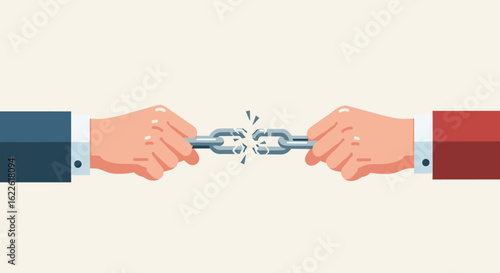 Two hands in suits break apart a metal chain, symbolizing the end of a partnership or the overcoming of a challenge, illustrated in a flat vector style.