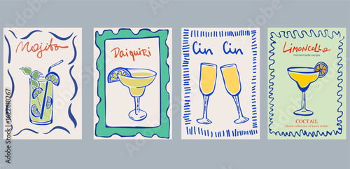 Set of Printable Cocktail Posters – Ink Style Illustrations of Classic Drinks: Daiquiri, Mojito, Mimosa, Aperol Spritz, and Boulevardier. La dolce vita style poster 