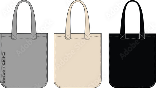 Tote bag front view vector illustration, fashion accessory design, flat technical sketch, canvas bag template drawing