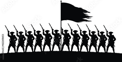 Silhouette of soldiers holding rifles and a tattered flag against a white background