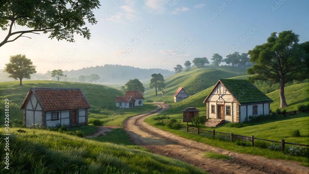 Obraz premium Quaint european village nestled in rolling green hills rolling hills