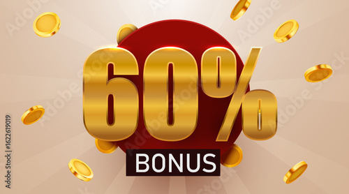 60 percent bonus with falling golden coins. Cashback or prize concept. Vector illustration