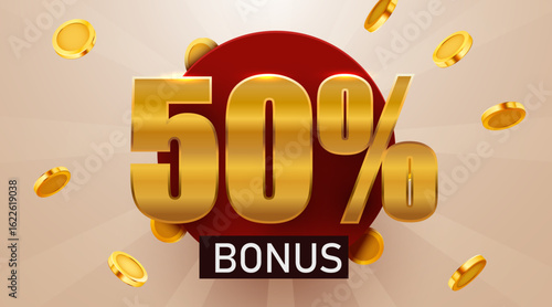 50 percent bonus with falling golden coins. Cashback or prize concept. Vector illustration