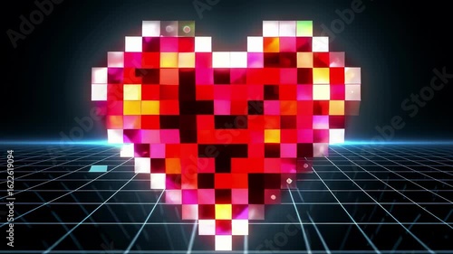 Valentine card video shiny red pixel heart glowing on a dark background. Retro 8-bit style inspired by classic video games and digital aesthetics. 