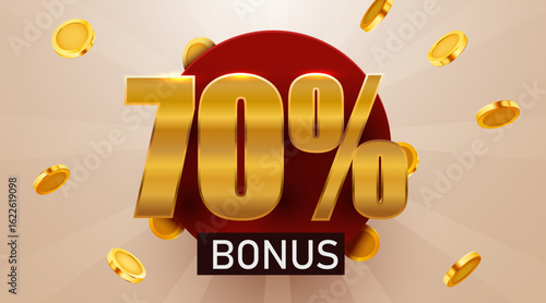 70 percent bonus with falling golden coins. Cashback or prize concept. Vector illustration