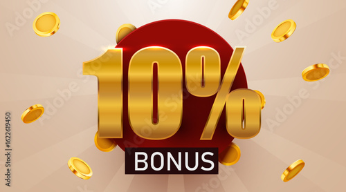 10 percent bonus with falling golden coins. Cashback or prize concept. Vector illustration